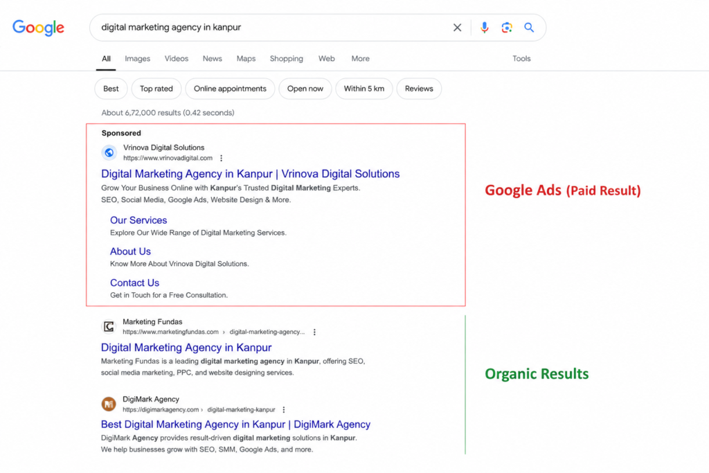 Google Ads search advertisement for a business in Kanpur