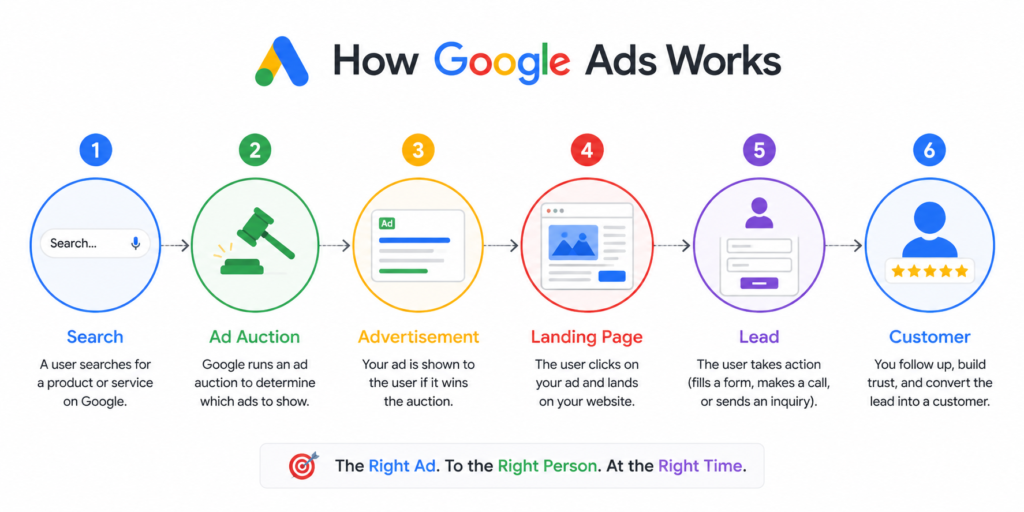 Google Ads process from search query to customer lead